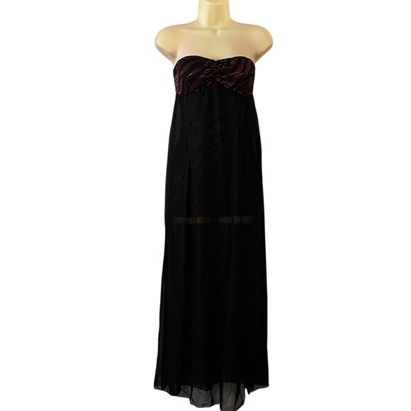 Flamingo Brand Strapless Long Flowy Black Chiffon and pink lace Romper Clubwear - Picture 1 of 10